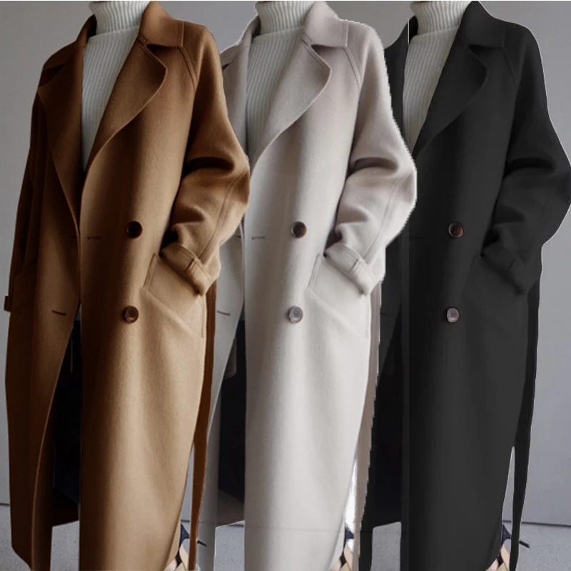 Шерстяное пальто новое осенне-зимнее женское с длинным рукавом в Корейском стиле Харадзюку двубортное длинное шерстяное пальто с карманом