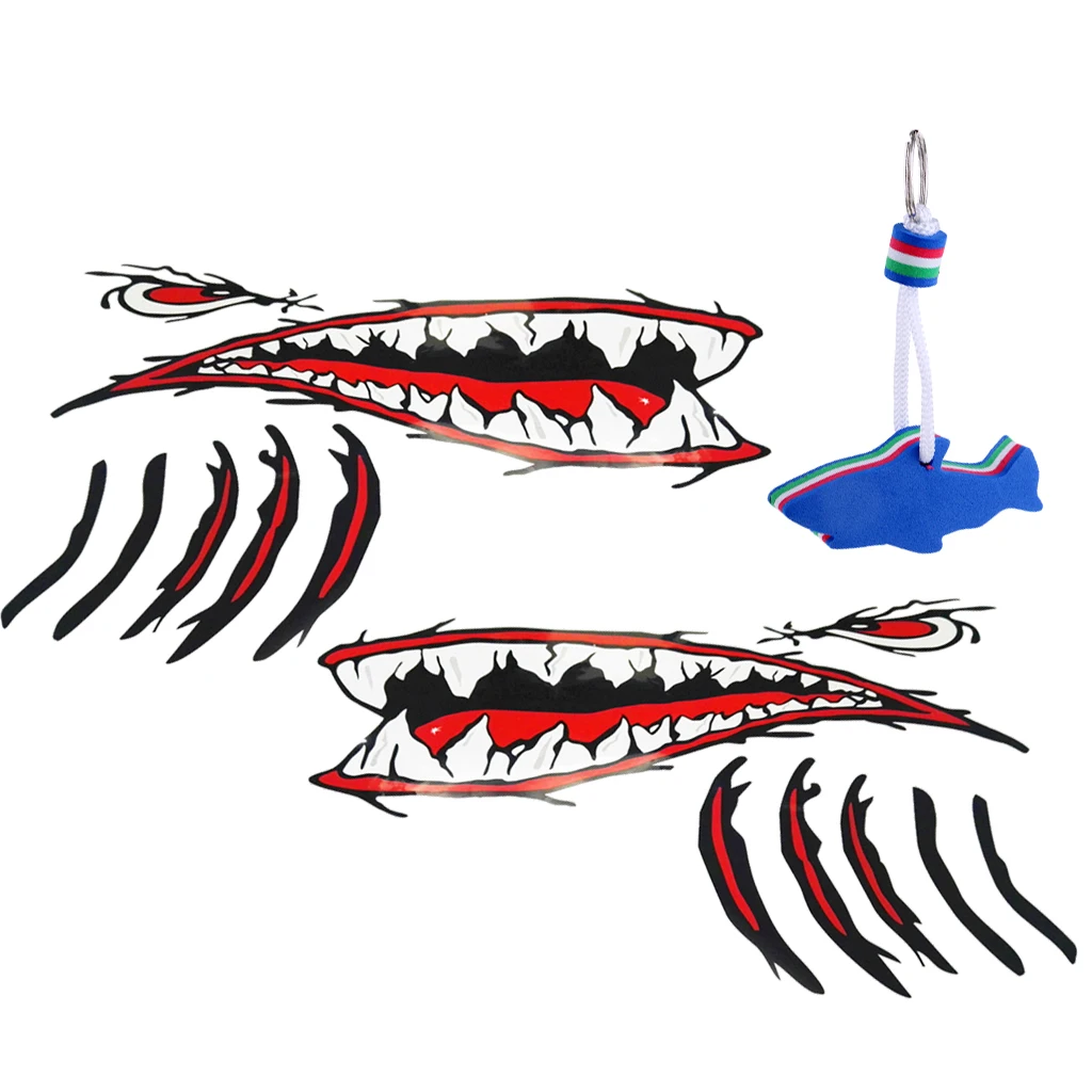 2 Large Shark Teeth Mouth Stickers Boat Ocean Kayak Decals, Floating Keyring