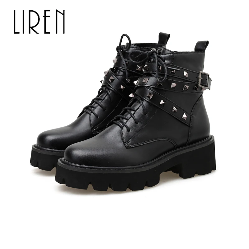 

Liren 2019 Winter Women Fashion Ankle Zip Boots Round Wrapped Toe Square Med Heels PU Comfortable Rivet Decoration Lady Boots