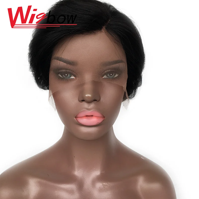 

Short Straight Lace Front Wig Indian Human Hair Wig For Women Pixie Cut Lace Front Wig With Brwon Lace 1B 150% PrePlucked Wig