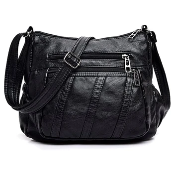 

Fashion Women Crossbody Bag Black Soft Washed Leather Shoulder Bag Patchwork Messenger Bag Small Flap Bag For Girls Black Strip