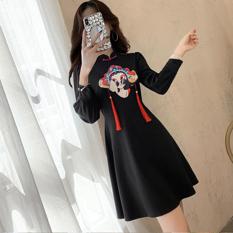

Vintage Mandarin Collar Traditional Chinese Dress Above Knee Woman Cheongsam Print Dresses Empire Chic Autumn Dress A Line