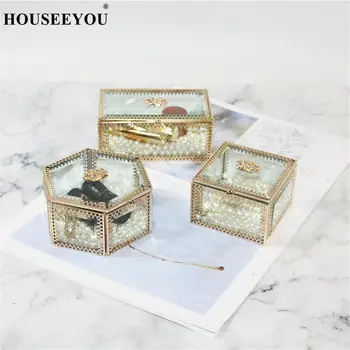 

European Retro Geometric Copper Lace Edge Jewelry Storage Box Cosmetic Makeup Dressing Desk Sundries Case Birthday Wedding Gifts