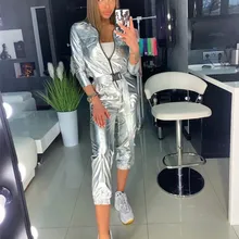 Fashion Long Sleeve Belt Silver Jumpsuit Women Streetwear Capped Zipper Solid Romper Sashes Casual Sexy Overalls
