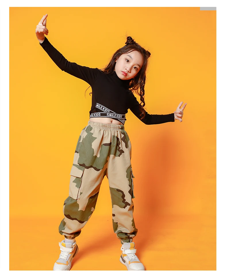 Hip Hop Dance Costumes Crop Cross Top Coat Camouflage Pants Girls Jazz Clothing Children Street Dancing Stage Performance Wear (12)
