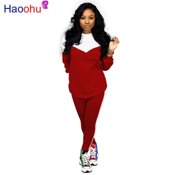 

Winter Women's set Color Patchwork tracksuit Full sleeve Bodysuit Pants suit Sportwear Sexy two piece set Outfits