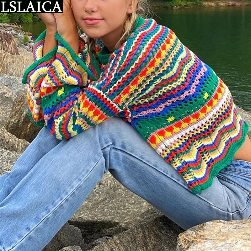 Sweater Women Long Sleeve Colorful Stripes Stitching O-Neck Casual Sweaters For Knit Fashion Autumn Winter Loose | Женская одежда