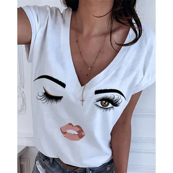

New Summer Casual V-neck T-shirt Women Fashion Eyes Eyelashes Lips Short Sleeve Tees Tops Female Sexy Plus Size 5XL Tshirt Lady