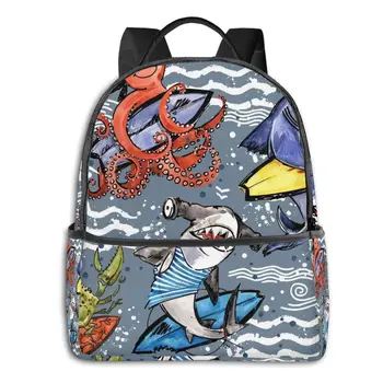 

2020 Women Men Unisex Cute Cartoon Sea Fish Shark Octopus Crab Surfing Backpack Teenager School Bag Couples Back Pack Travel Bag