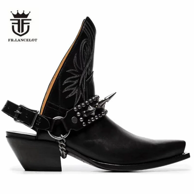 New Punk family vintage stage ankle buckle strap rivets stud men genuine Leather personalized Sandals