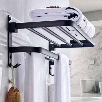 

Aluminum Alloy Folding Bathroom Towel Rack Black Oil Brushed Foldable Fixed Bath Towel Holder Bath Shelves Towel Rail