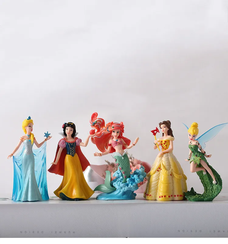 5pcs/set Disney Figurine Snow White Tinker Bell Frozen Elsa Belle Ariel Princess Pvc Action Figures Cake Decoration Supply Gifts