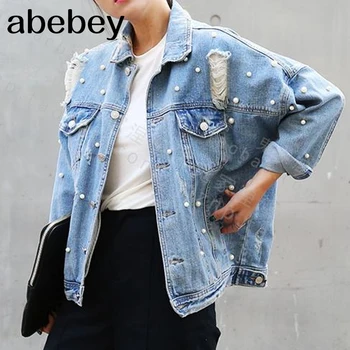 

Pearls Beading Ripped Denim Jacket Women Vintage Single Breasted Long Sleeve Jean Jackets and Coats Plus Size 2019 Spring Fall