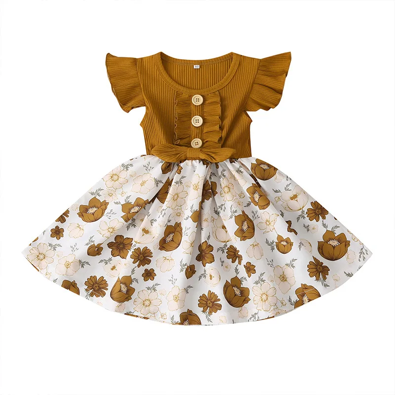 BINIDUCKLING Summer Knitted Toddler Girls Dresses Button Flower Printed Short Sleeve Dress Kids Fashion | Детская одежда и обувь