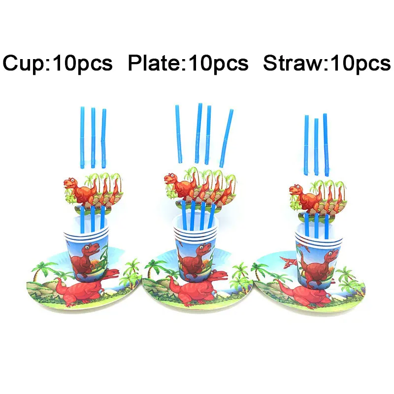 

Red Dinosaur Party Cartoon Theme Birthday Decorations Kids Disposable Tableware Set Cup Plate Plastic Straws Flag Party Supplies