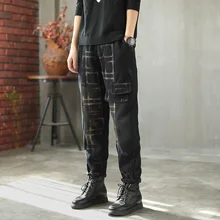 Женские ретро джинсы с эластичной резинкой на талии, лоскутные джинсы, женские зимние флисовые винтажные потертые джинсовые брюки, джинсы