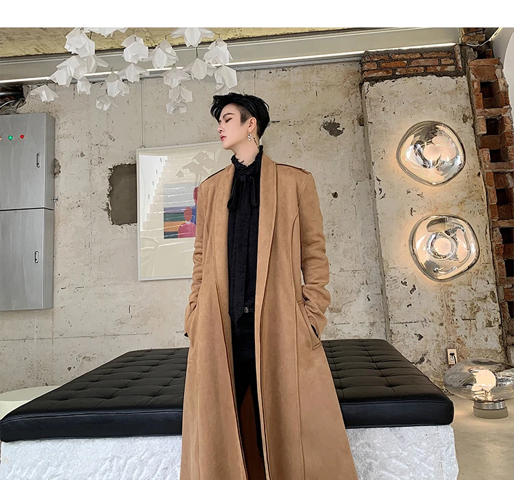 Autumn New Korean Version Of The Dark Retro Temperament Suede Street Popular Belt Long Casual Windbreaker