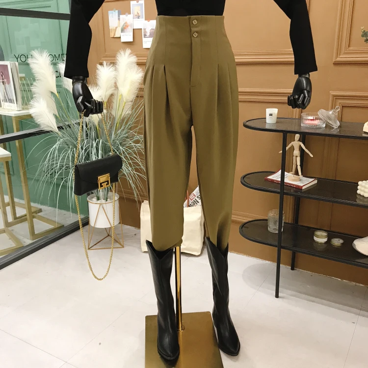

Boot Cut Pleated Pants Casual Button Fly Solid High Waist Ankle-Length Pants Fashion 2020 Autumn Streetwear Twotwinstyle