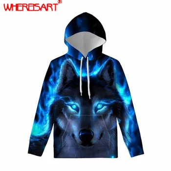 

WHEREISART 3D Blue Wolf Print Pullover O-neck Sweatshirt for Women Men Oversized Long Sleeve Casual Hooded Autumn Winter Clothes