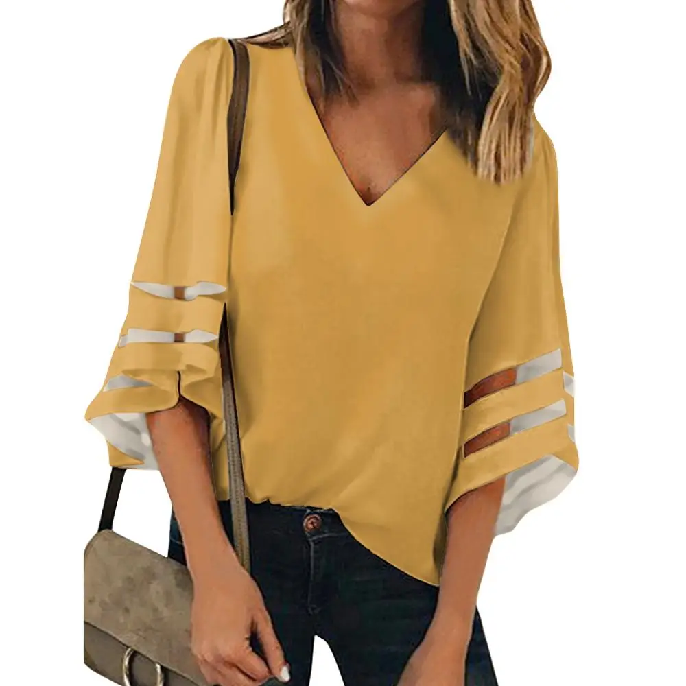 

NOISYDESIGNS Summer Loose Women's V Neck Mesh Panel Blouses 3/4 Bell Sleeve Ladies Solid Casual Tops Sexy Shirts Feminina Blusas