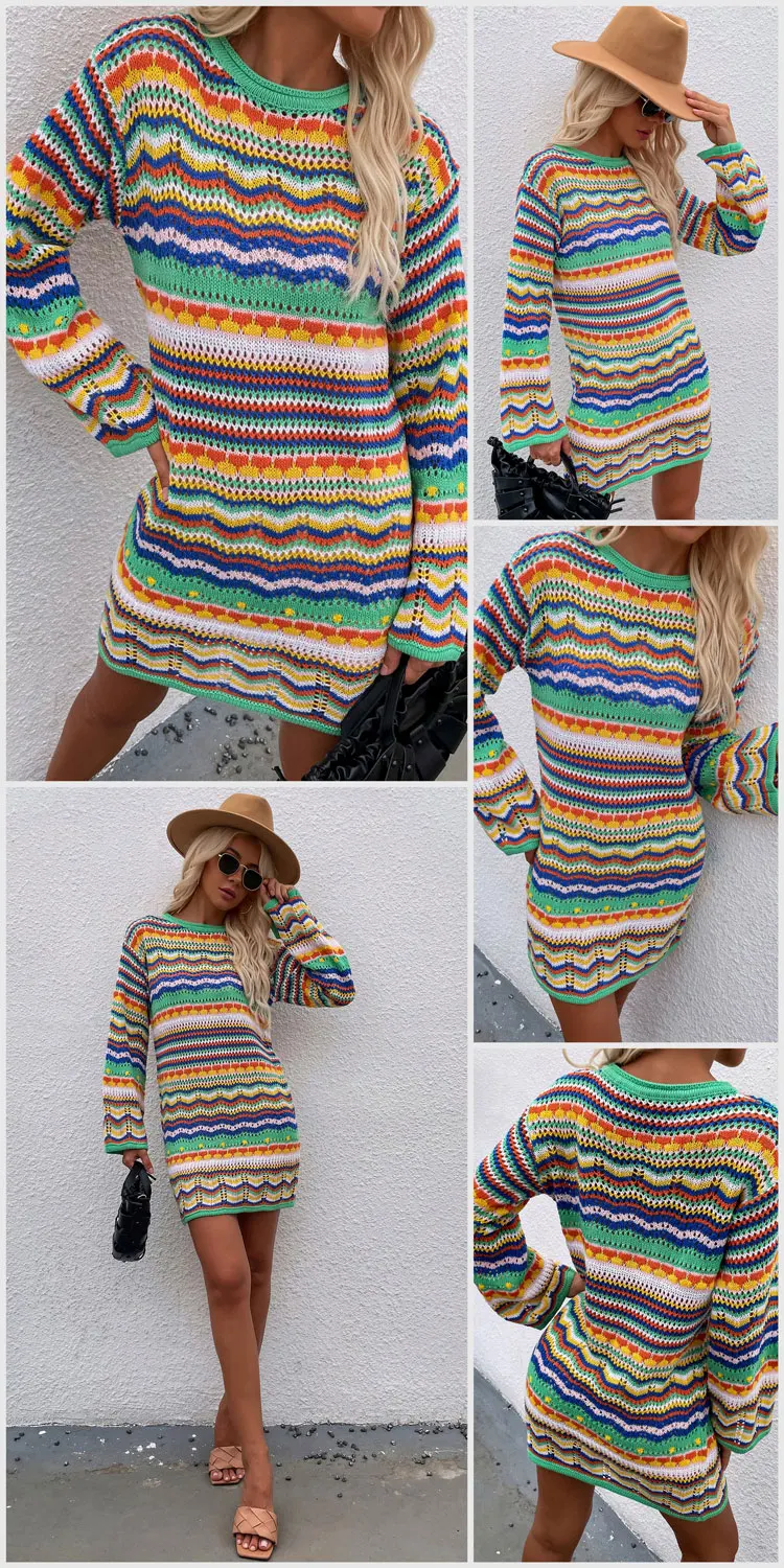 Vestido playero de crochet para mujer, sexy, bohemio, de manga larga, informal, con aberturas, para fiesta y otoño