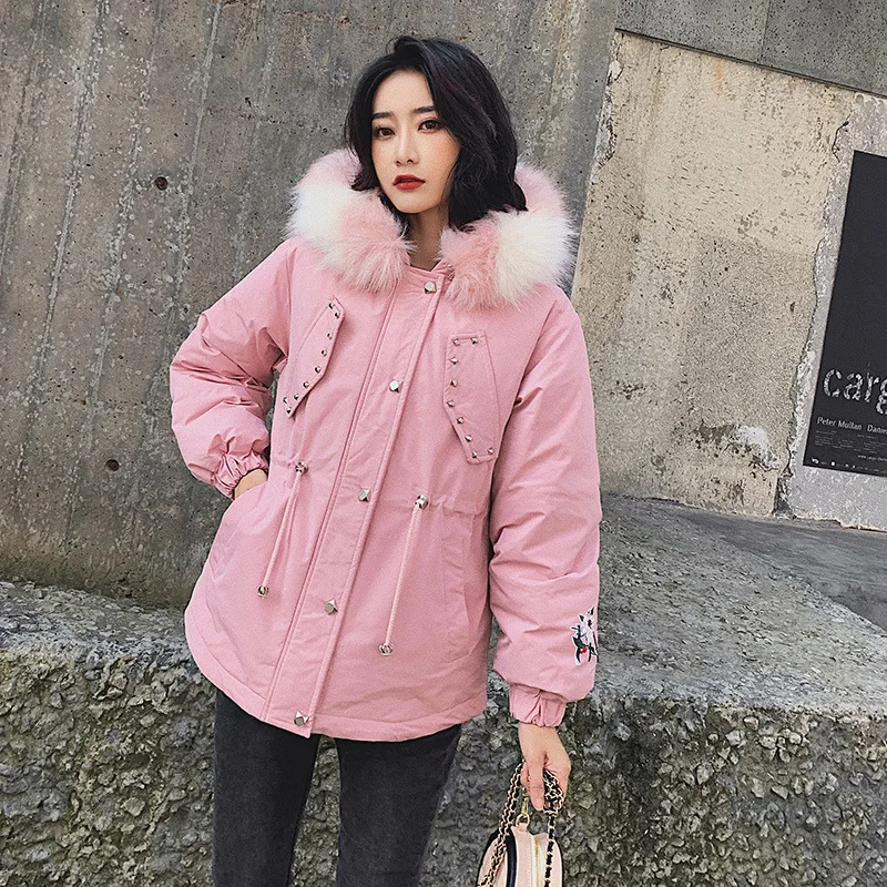 

Creative-2019 Winter Ladies' Elegant Korean-style nv single Overcome Hooded Loose Women's Medium-length Cotton-padded Clothes