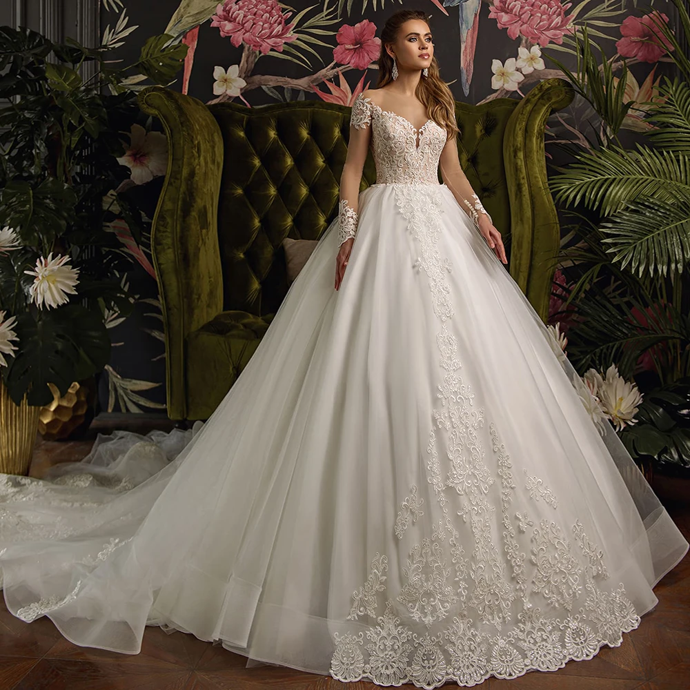 

Custom Made Long Sleeve Gorgeous Ball Gown Wedding Dress Plus Size Hochzeitskleid All Over Appliques Beading Princess Dresses