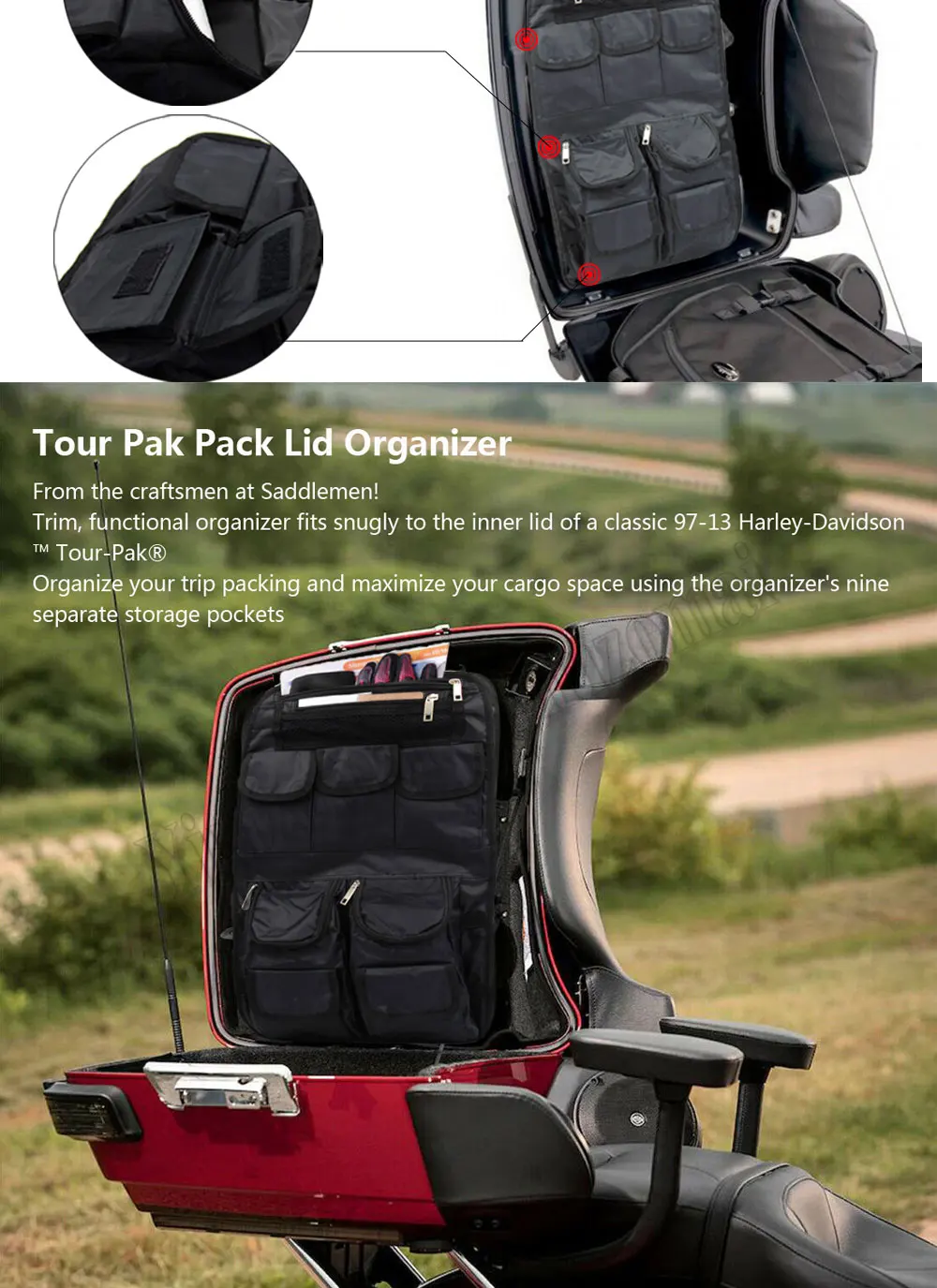 Для Harley Touring- Road King FLHX мотоцикл тур-пак крышка Встроенная Подкладка с органайзером карман для хранения седельная сумка