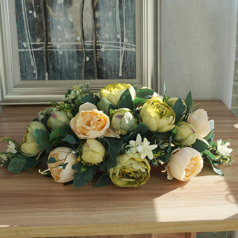 Искусственные цветы для свадьбы DIY Декор стол Пион цветок бегун искусственный ряд цветов Подиум букет вечерние украшения дома - Цвет: Зеленый
