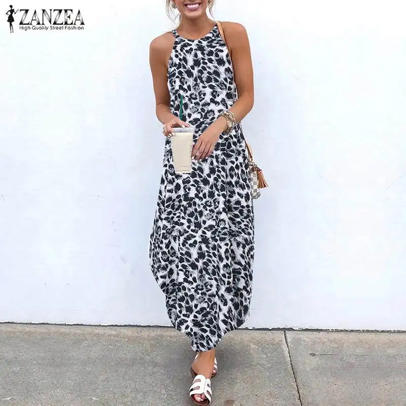 

Fashion Leopard Printed Sundress ZANZEA 2019 Summer Irregular Beach Party Vestido Women Sexy Halter Sleeveless Dress Femme Robe