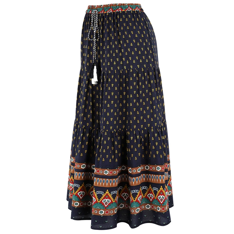 Fashion Bohemian Long Skirt Women's Elegant Holiday Summer Casual High Elastic Waist Skirt Floral Print Sea Blue Retro Skirt
