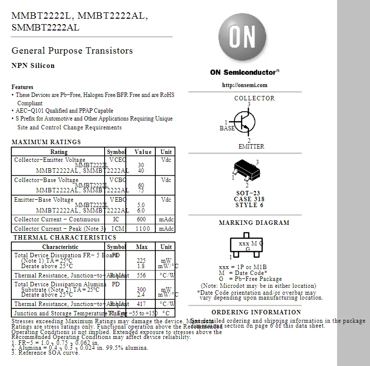 MMBT2222ALT1G маркировка: 1P SOT 23 MMBT2222 MMBT2222ALT3G MMBT2222A 40 в/0 6a NPN транзисторы общего