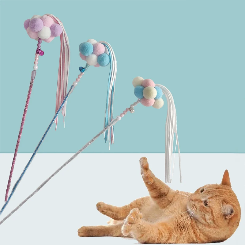 1pc Cat Teaser Wand Beaded Decor Cat Interactive Toy Cat Tassel Wand