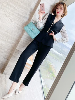 

Fashion workplace OL lapel stitching wave dot waist top + high waist casual pants suit women's 2020 early autumn new