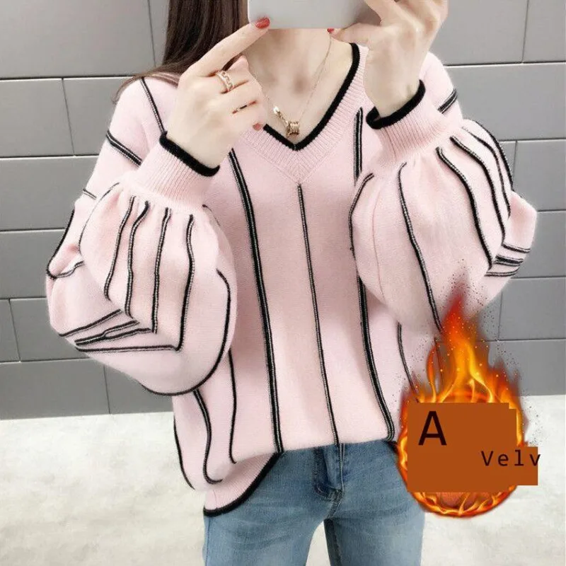 

Женский вязаный свитер с V-образным вырезом, свободный Простой Модный пуловер с длинным рукавом, Мягкий Вязаный шикарный свитер в стиле харадзюкупреппи, Новинка