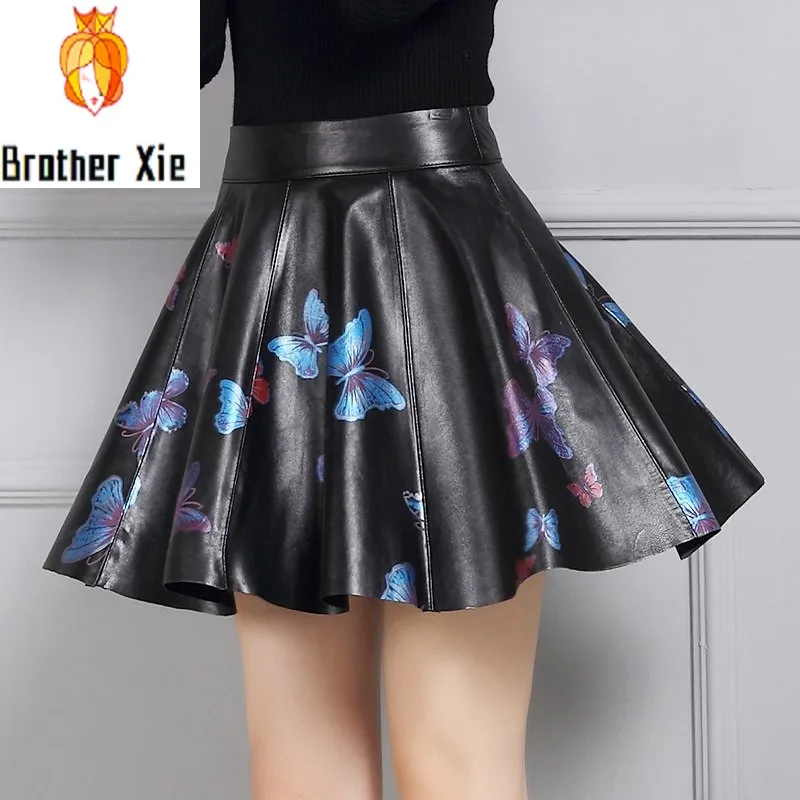 

High Waist Pleated Mini Skirts Printing Butterfly High Quality Leather Skirts Plus Size 4XL Women Black Workout A-Line Skirts