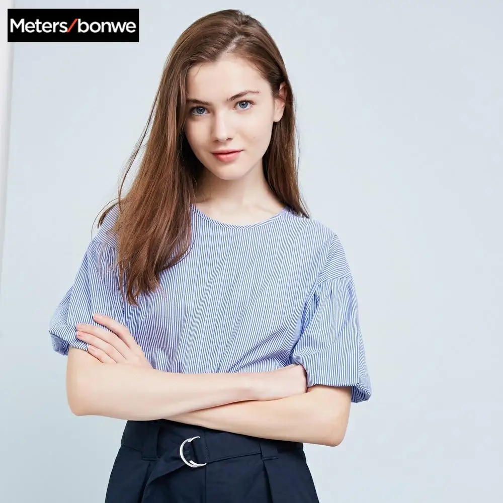 Preise Metersbonwe Frauen Gestreiften Blau Blusen 2019 Mode OL Halb Puff Ärmeln Sliming Büro Dame Bluse Smart Shirt Casual Tops
