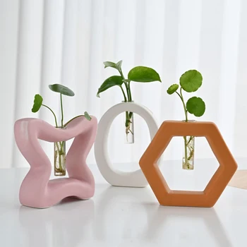

Table Desk Bulb Glass Hydroponic Vase Flower Plant Pot with Ceramic Tray Office Decor YU-Home