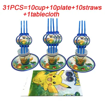 

Kids Birthday Party Pikachu Pokemon Go Theme Party Decoration Sets Paper Plates Cup Straws Baby Shower Party Supplies Tablecloth