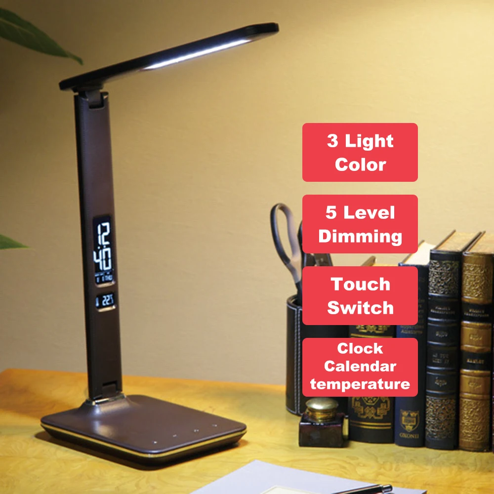 LED Desk Lamp Alarm Clock Table Lamp USB Output Leather Finish Eye Care