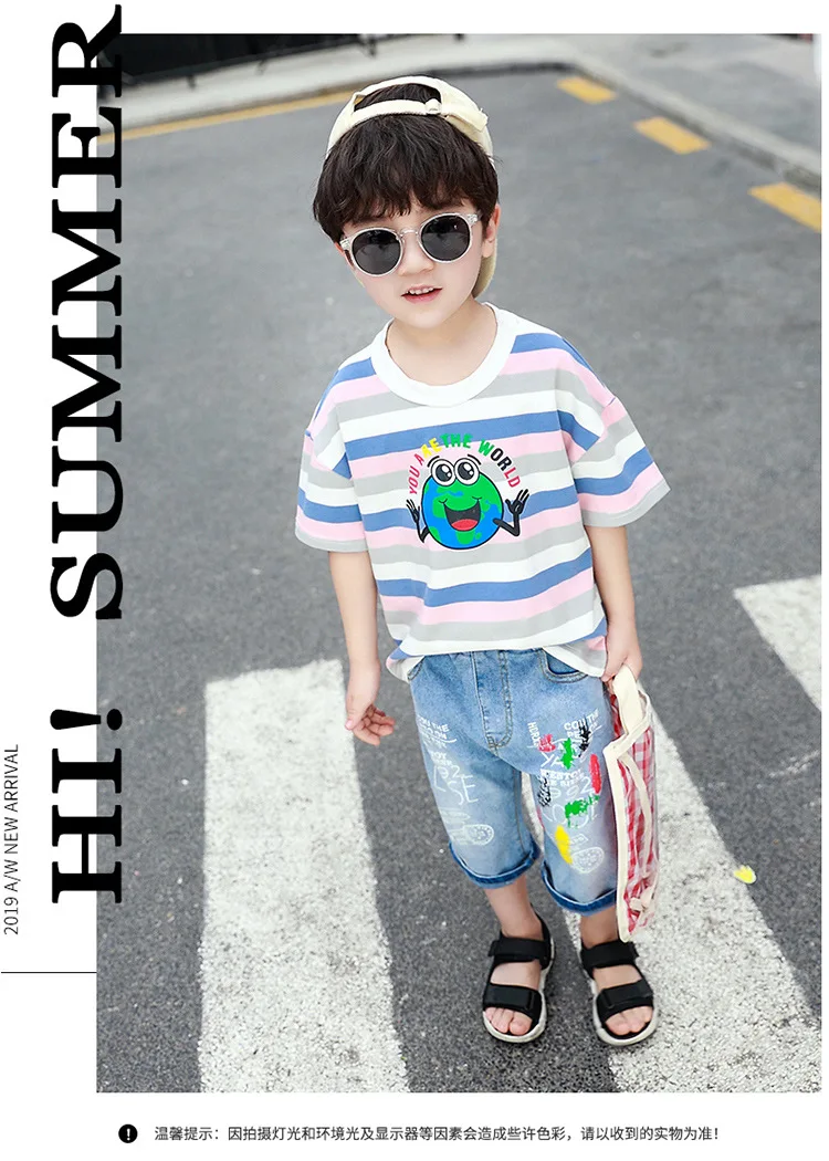 Популярная брендовая одежда для мальчиков; коллекция года; детская футболка в полоску с короткими рукавами и рисунком лягушки; летние топы