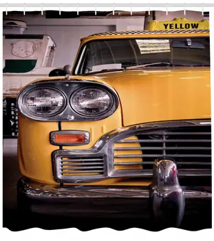 

New York Shower Curtain Antique Yellow Taxi Print for Bathroom