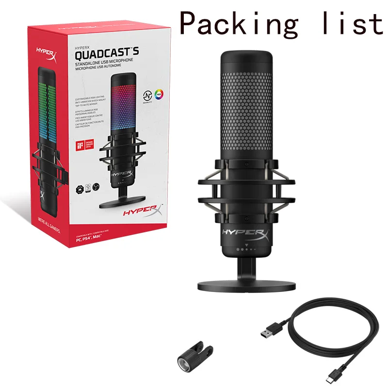 Original HyperX QuadCast S Professionnel RGB USB Condenser Microphone for PC PS4 Mac and Discord TeamSpeak YouTube XSplit OBS