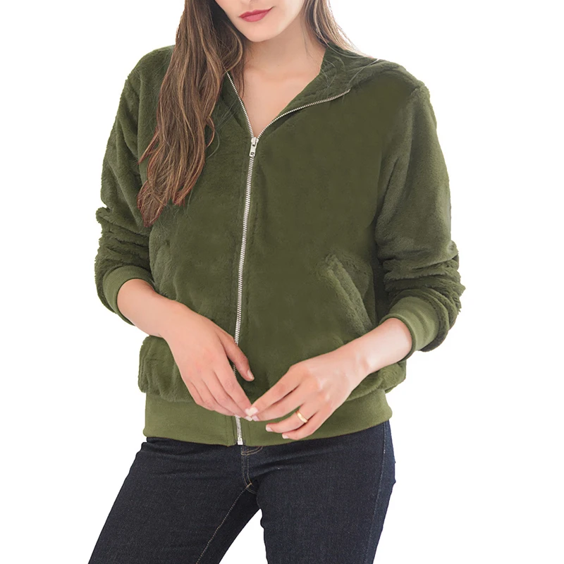 ArmyGreen Пальто из искусственного меха женские зимние утепленные плюшевые толстовки куртки модные пальто с капюшоном женская верхняя одежда на молнии с капюшоном - Цвет: ArmyGreen