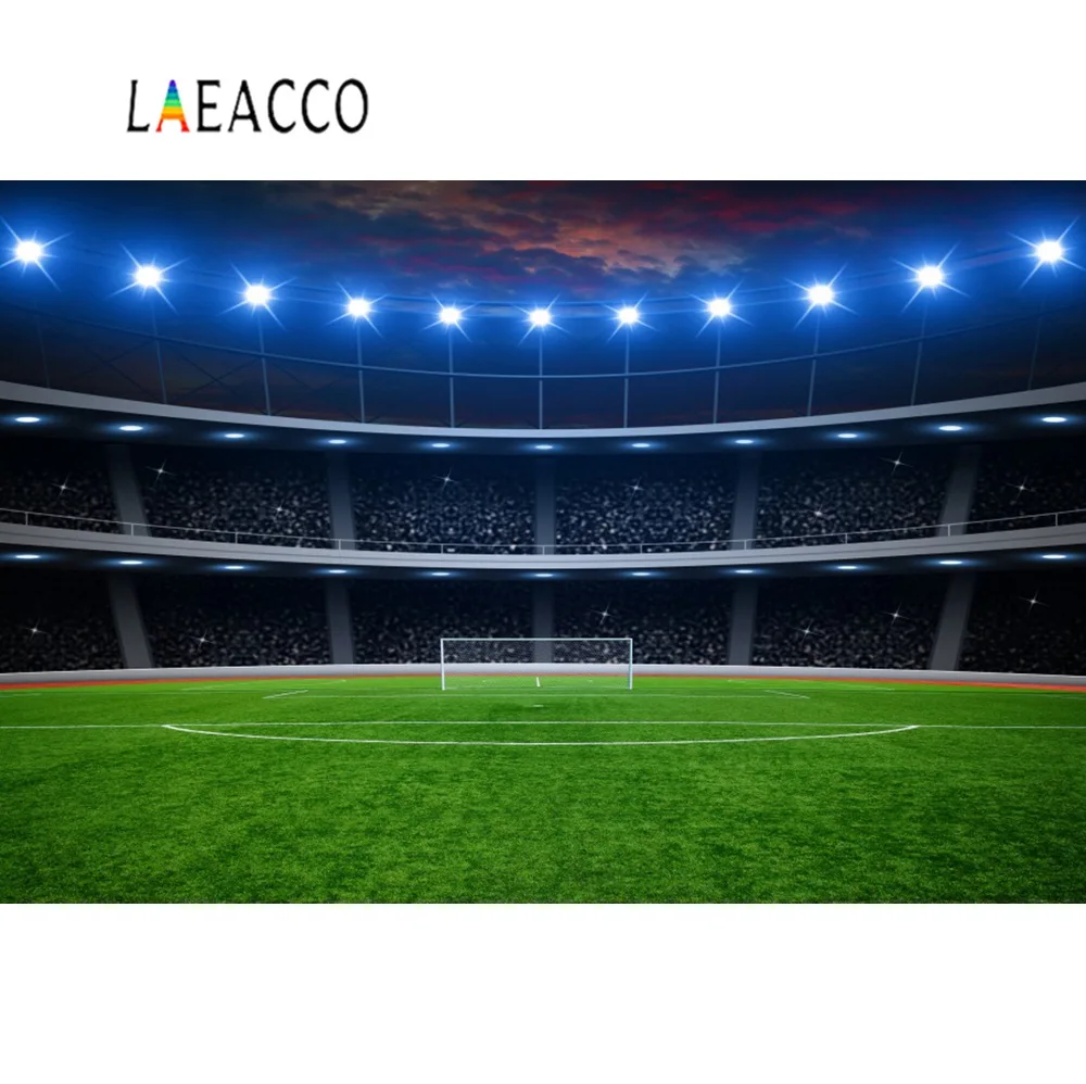 AOFOTO 5x5ft Football Stadium Backdrop Soccer Game Competitive Race Lawn Grandstand Lamp Lights Sports Field Photography Background Boy Birthday Football Fans Gathering Party Studio Prop Video Drape