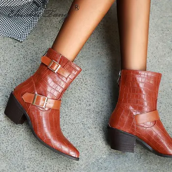 

ElisabetTang Solid Black High Heels Women's Shoes Big Size Autumn Winter Ankle Boots Casual Vintage Chelsea Boots Botas Mujer