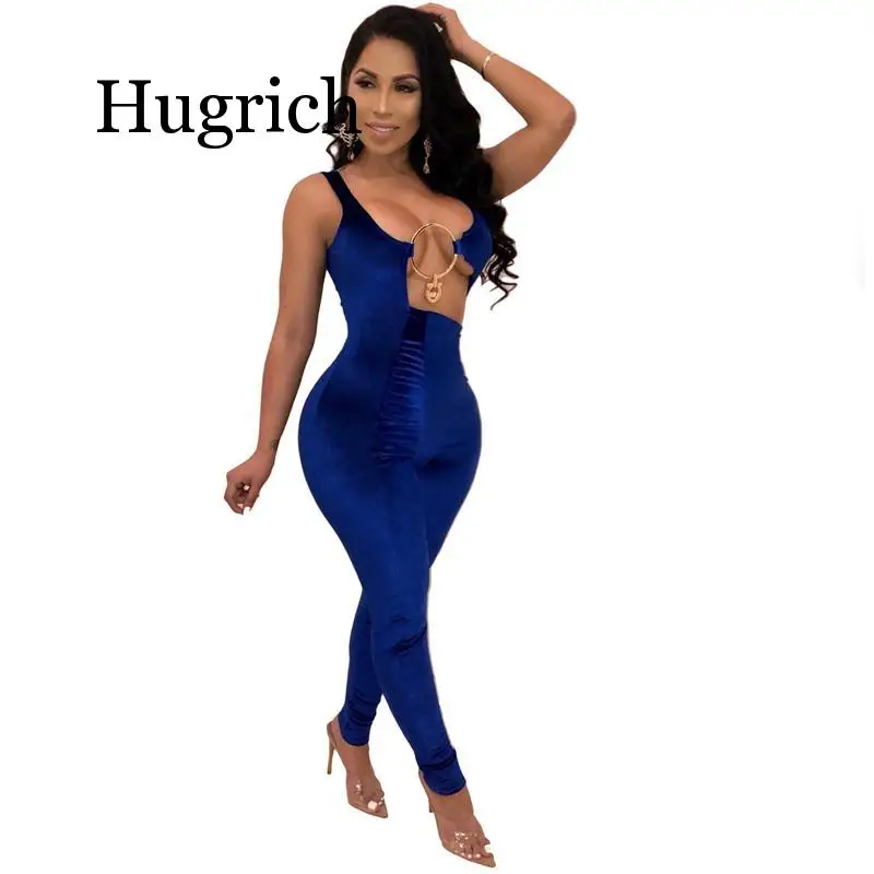 

2020 Irregular Hollow Out Velvet Jumpsuit Solid Blue Burgundy V Neck Sleeveless Romper Women Sexy Night Club Party Outfits