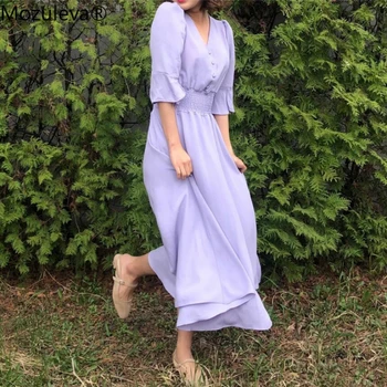 

Mozuleva 2020 Summer Vintage V-neck Ruched Women Dress Drawstring Sleeve High Waist Floral Print Female Dress Women Midi Vestido