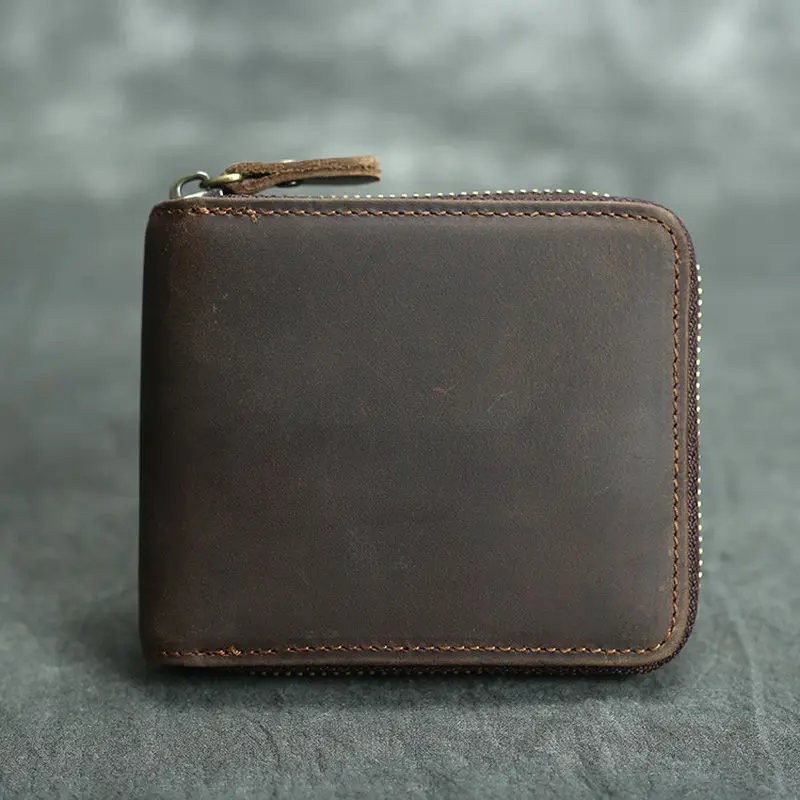Short Organizer Wallet Man With Zipper Around Genuine Leather Male Coin Purse Crazy Horse Leather Card Holder For Boys Vintage Short Organizer Wallet Man With Zipper Around Genuine Leather Male Coin Purse Crazy Horse Leather Card Holder For Boys Vintage
