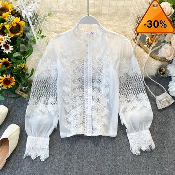 

Spring Long 2020 Lantern Sleeve Lace Hollow Out Stand Collar Shirt Women Tops